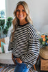Striped Drop Shoulder Lace Trim Bracelet Sleeve Loose Top
